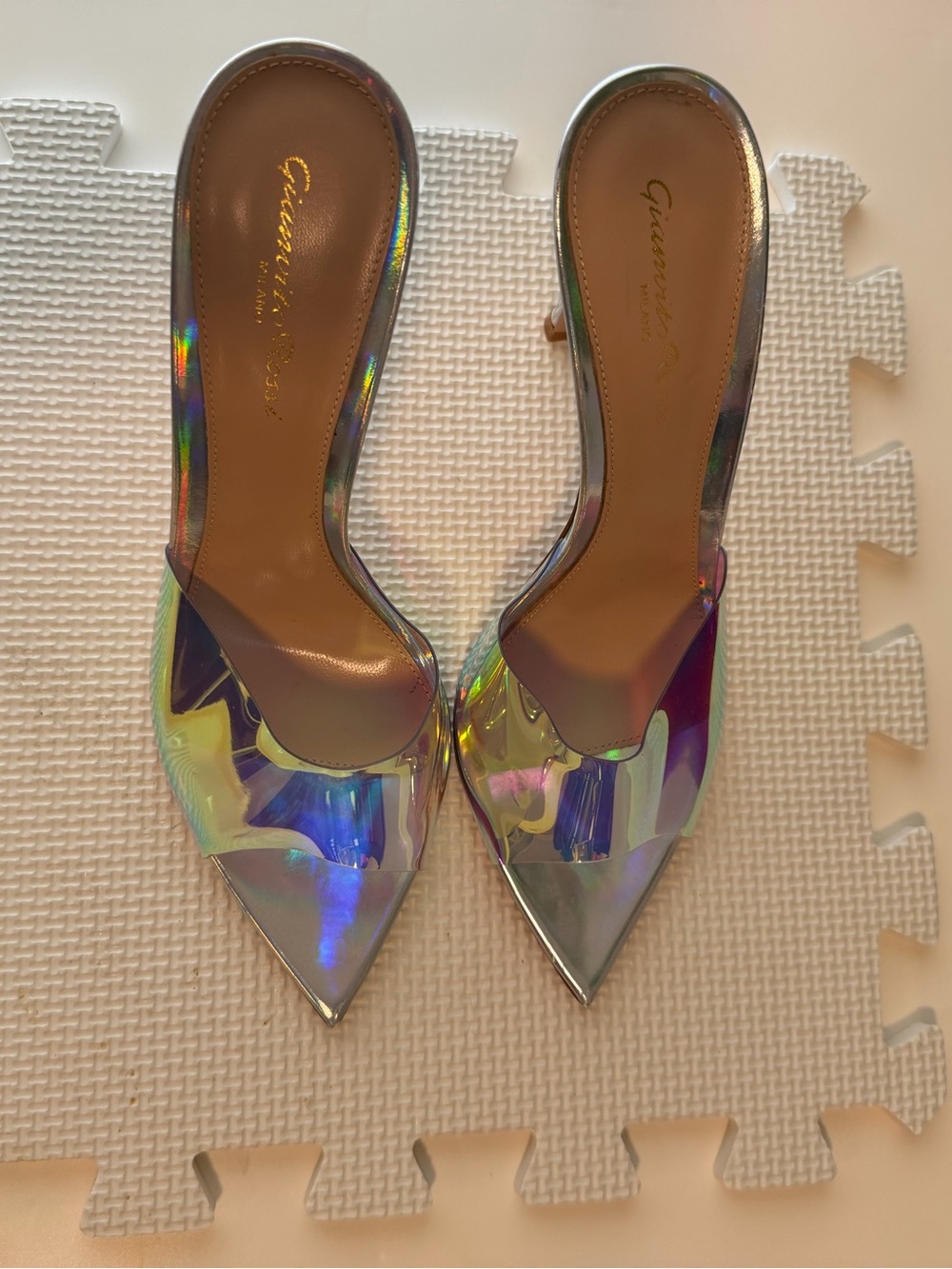 Gianvito Rossi Iridescent Pointed-Toe Mule in Holographic Silver